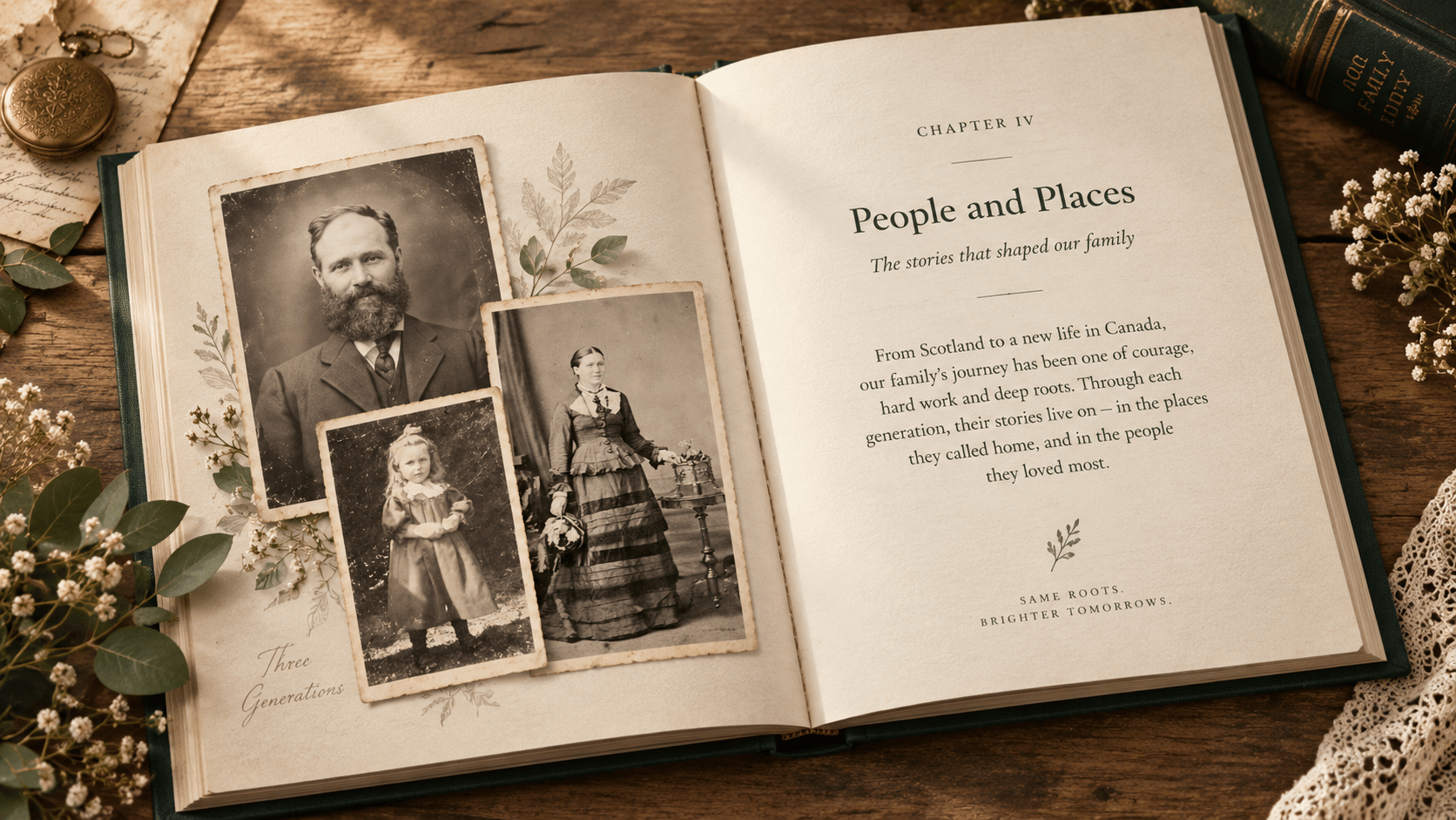 An open family history book with a photograph and chapter page